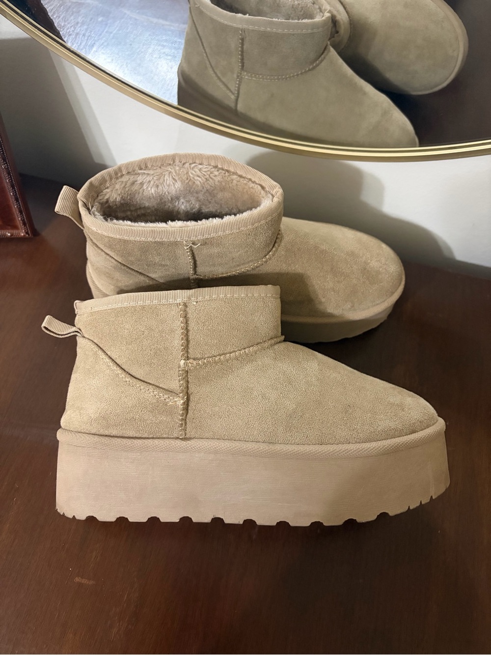 BearPaw Tan Faux-Suede Platform Ankle Booties